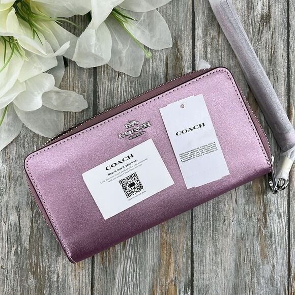 Coach Leather Metallic Pink Long Zip Around Wallet Bag Purse - Picture 7 of 11